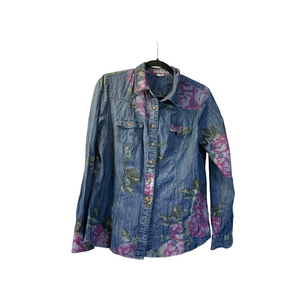 Boden Womens Size 10 Long Sleeve Chambray Jean Denim Long Roll Tab Sleeve Shirt